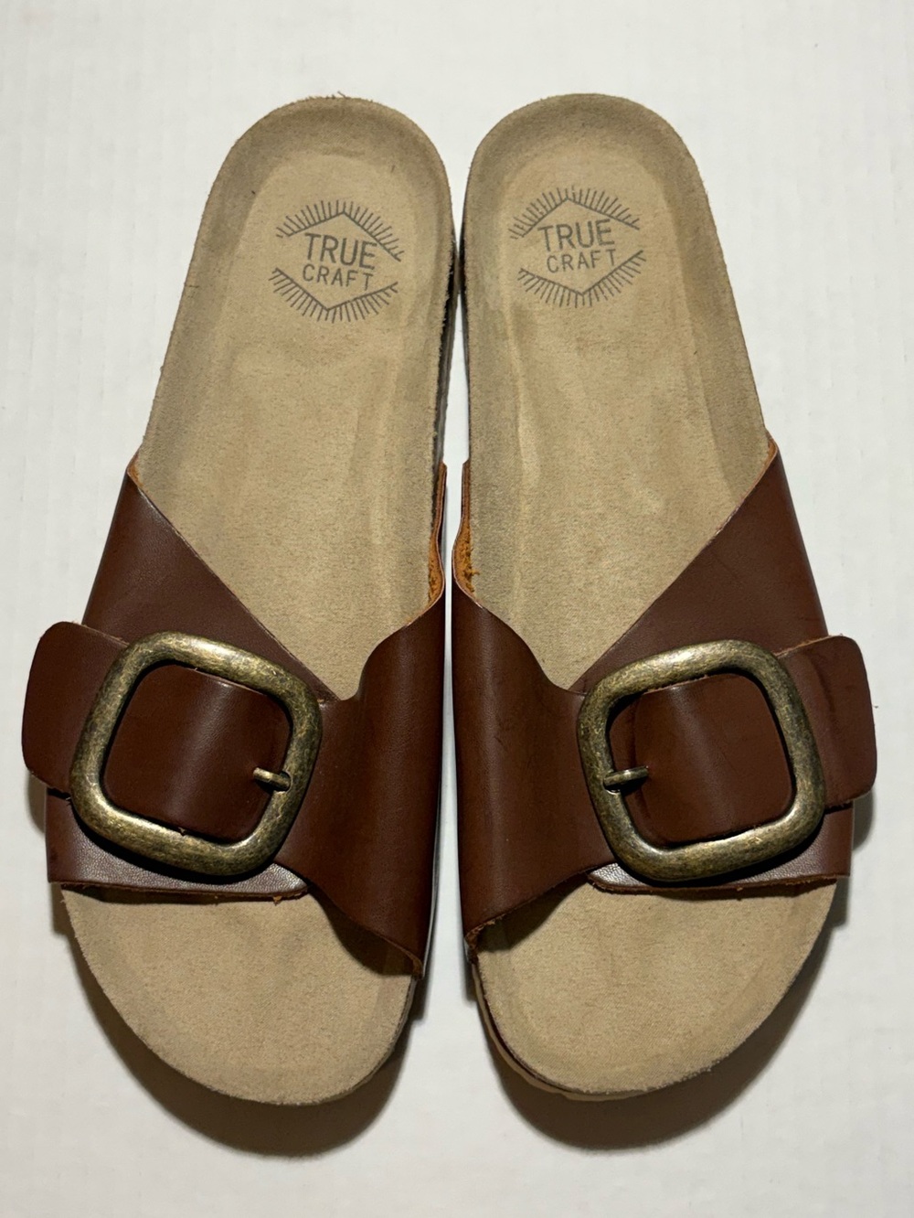 True Craft Brown Slide Sandals with Brass Buckles
